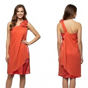 Max and Cleo Dress Size 8 Coral One Shoulder Bow Detail Draped Elegant Party NEW